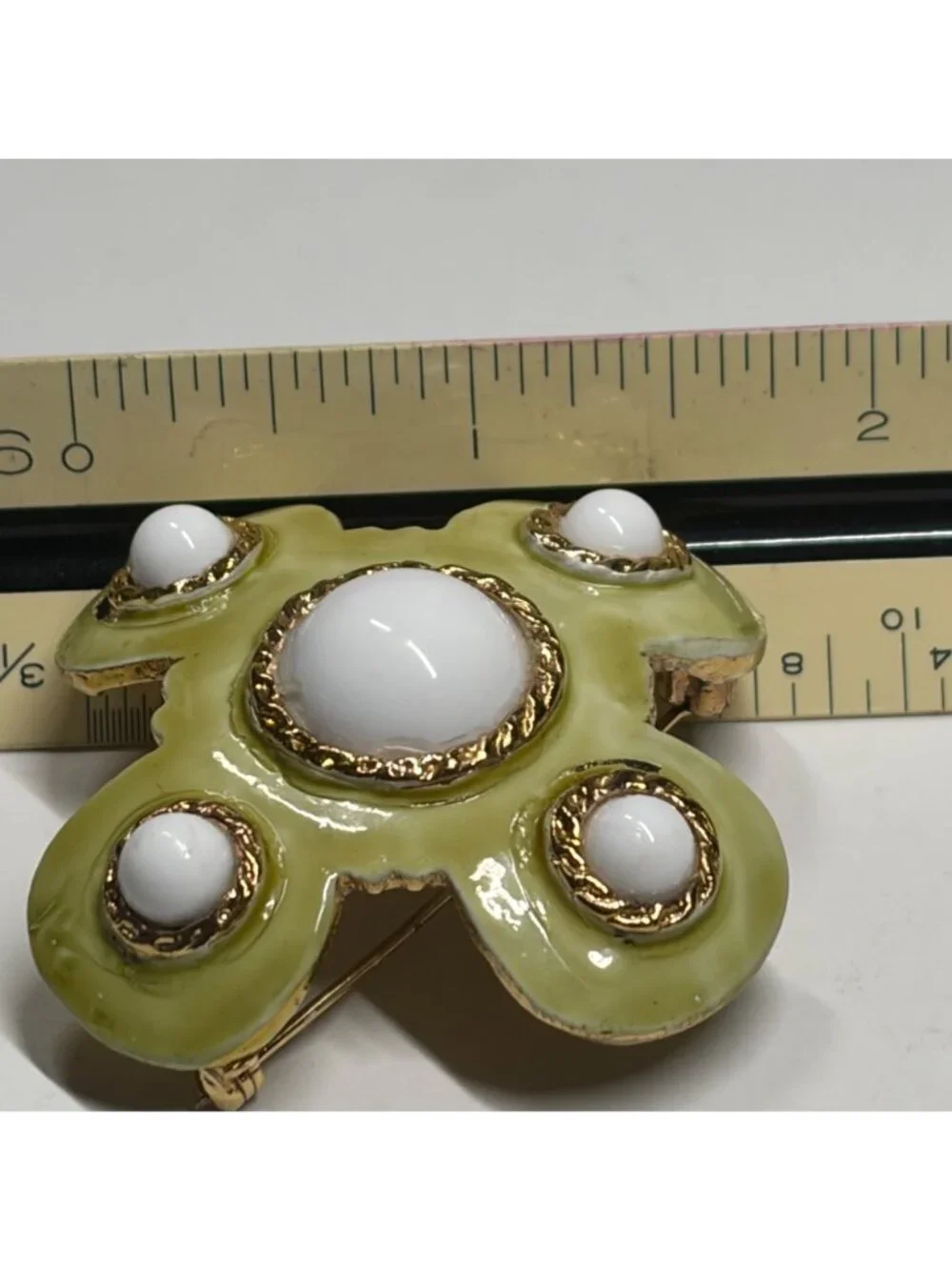Hobe Gold-Plated Green Enamel Brooch With White Cabochons 2